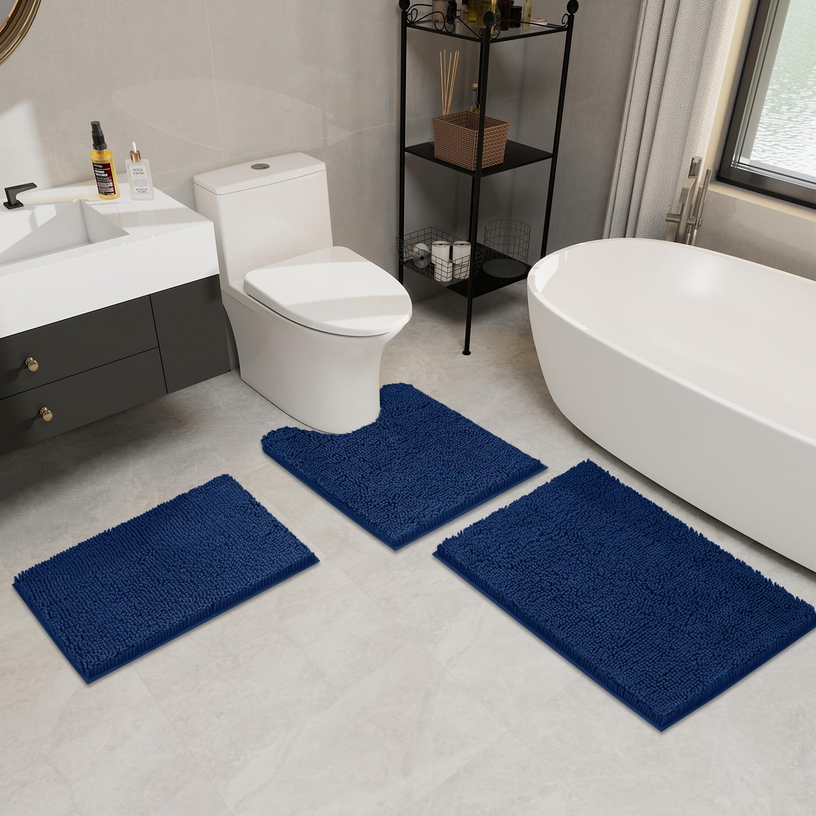 LINLA navy U shaped contoured rug non slip grip for bathroom safety