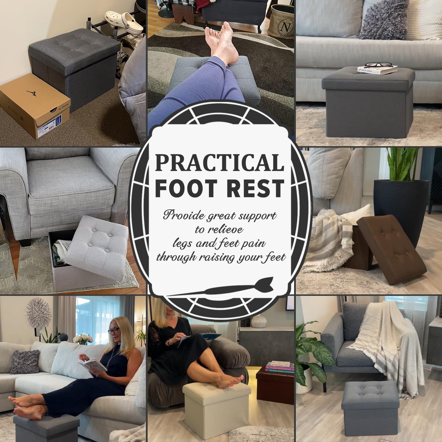 LINMAGCO storage ottoman doubles as a cozy footrest in living rooms