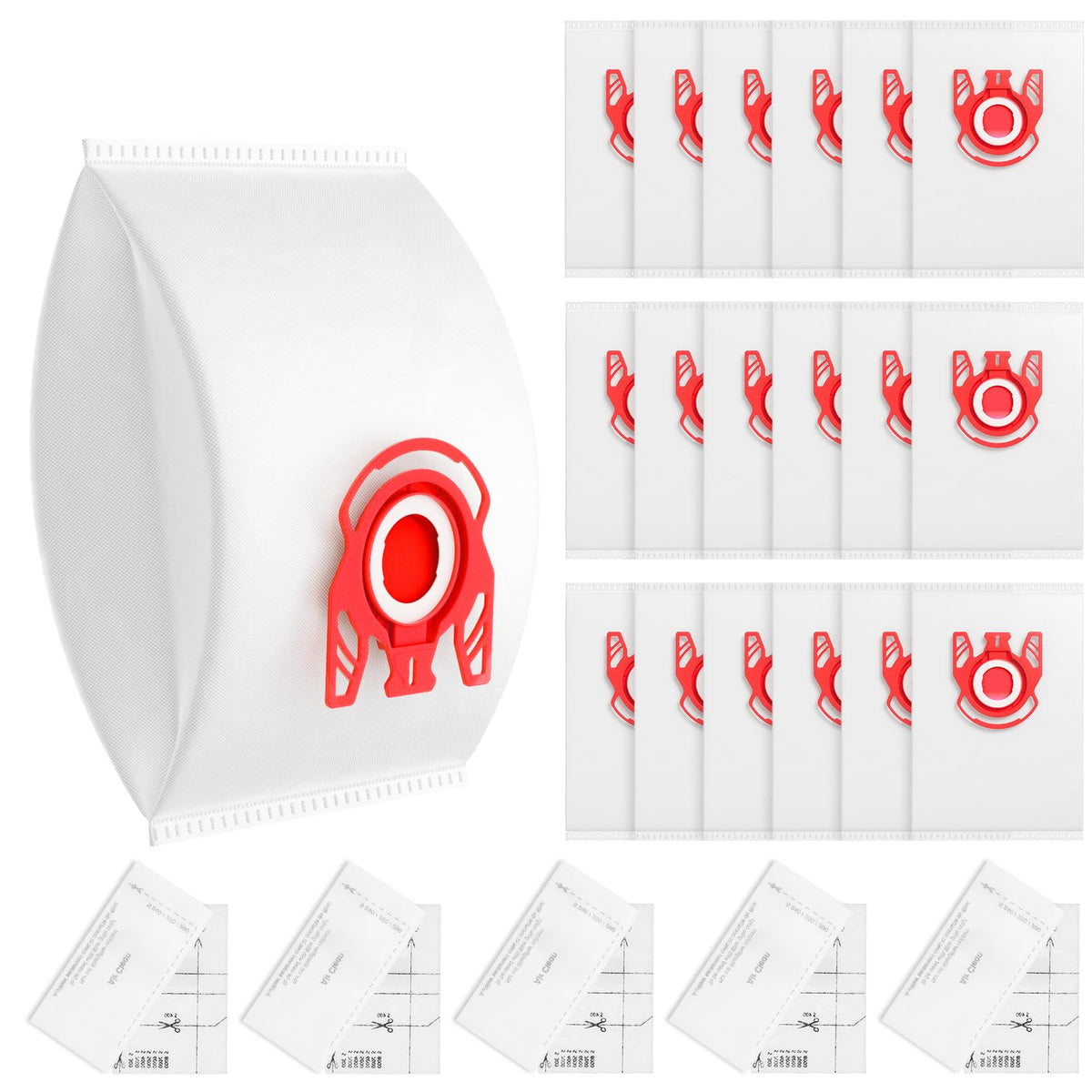 LINNIW FJM dust bags front view showing 20-pack packaging and Miele compatibility