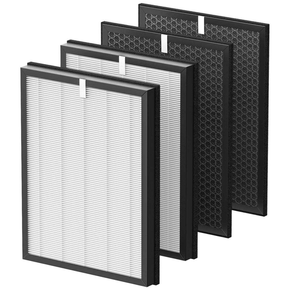 LINNIW AP-B102 replacement filter packaging with two HEPA and two carbon filters for home air.