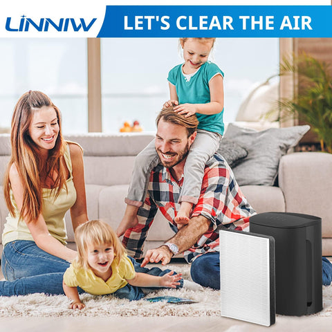 LINNIW odor-absorption filter highlights pets, cooking, and smoke odor reduction potential.