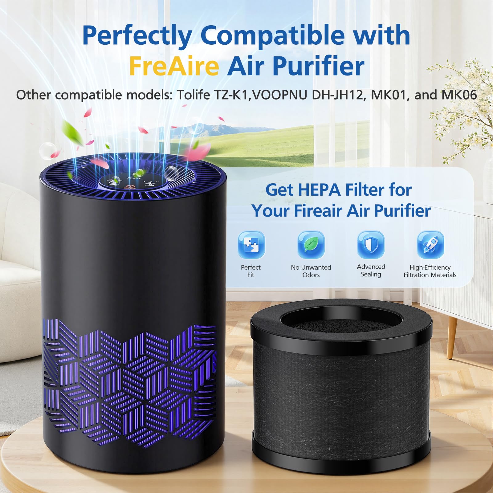 LINNIW TZ-K1 3-in-1 filtration assembly showing pre-filter, HEPA, and carbon layers