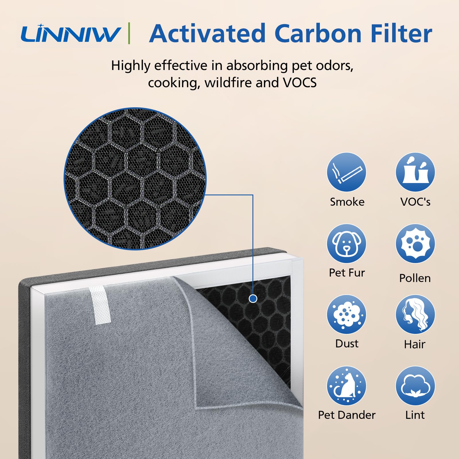 LINNIW Vital 100 pre-filter close-up capturing dust and hair