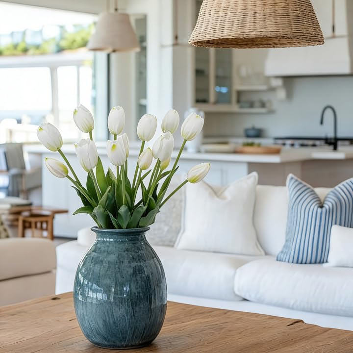LINSIE white tulips outdoors, waterproof and UV resistant for patios and bathrooms.