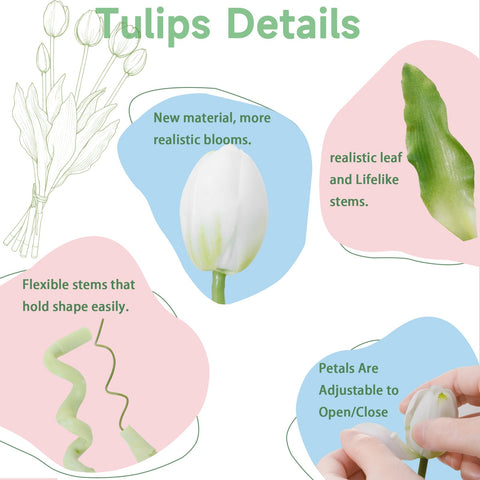 LINSIE white artificial tulips snap-on petals close-up, easy maintenance after transit.