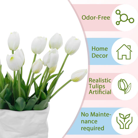 LINSIE white artificial tulips stem and leaves close-up, accurate proportions for lush bouquets.