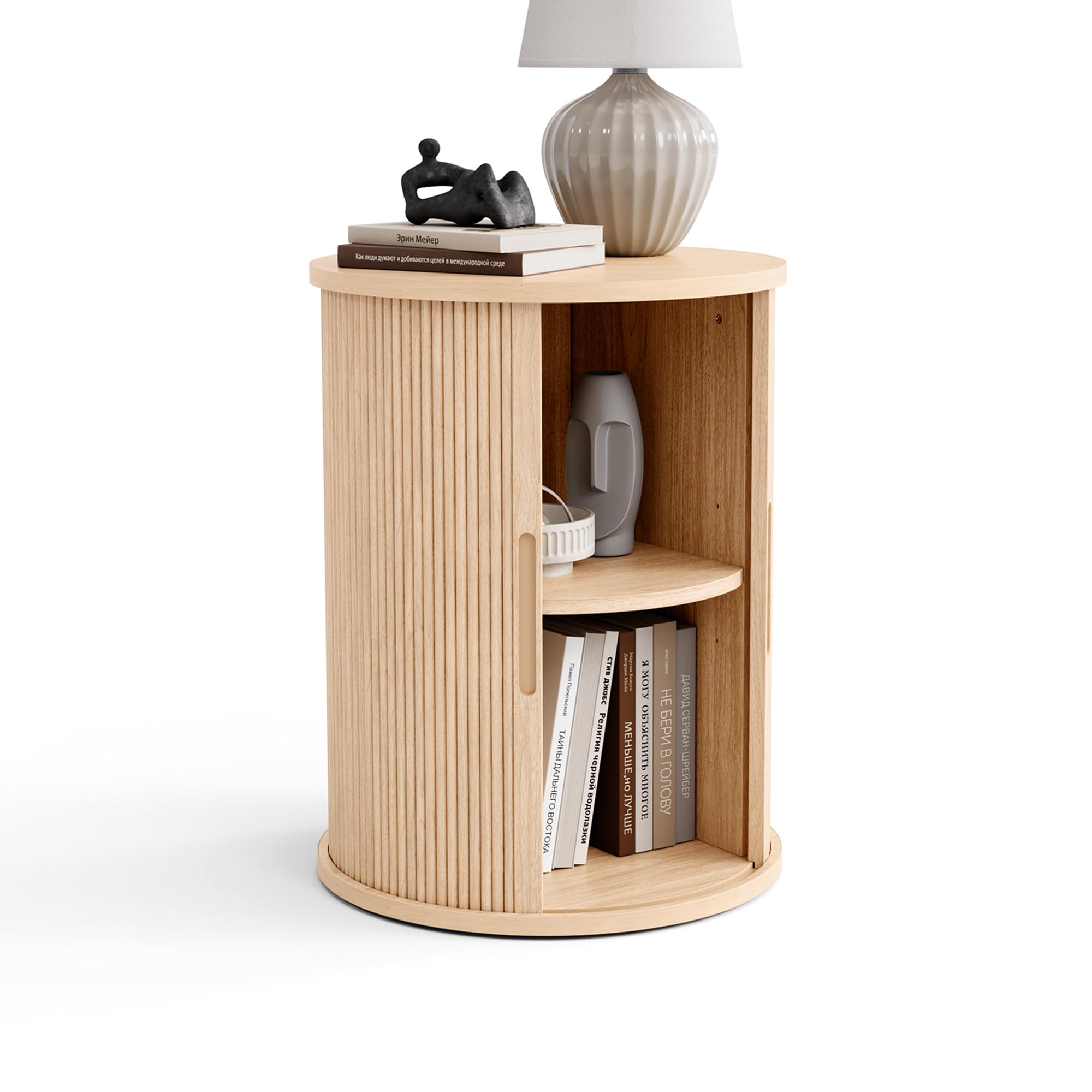 LINSY HOME round fluted end table with tambour door adds elegant storage beside the sofa