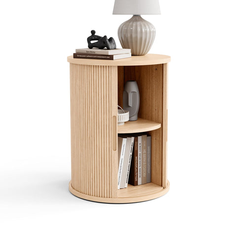 LINSY HOME round fluted end table with tambour door adds elegant storage beside the sofa