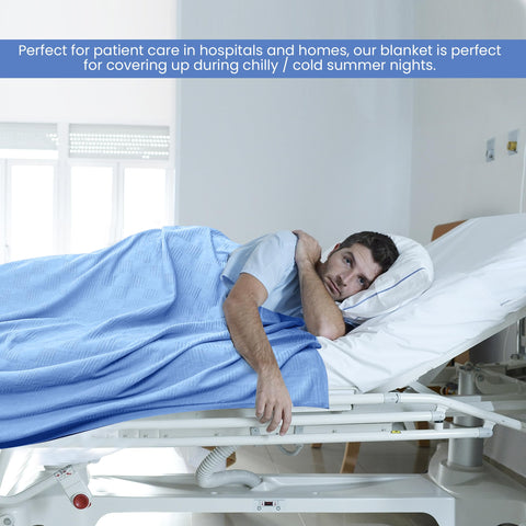 Blue Linteum blanket sized 74x100 inches on bed for generous coverage.