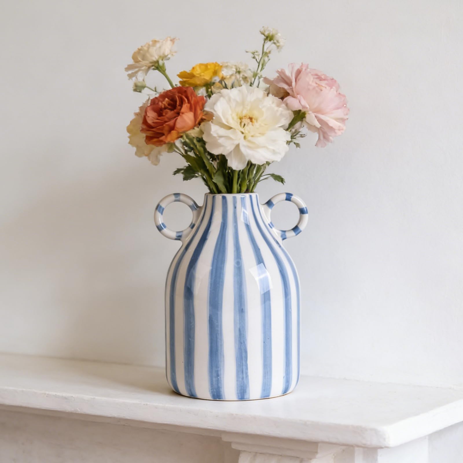 LINYTHER blue and white ceramic vase with handle for elegant centerpieces.