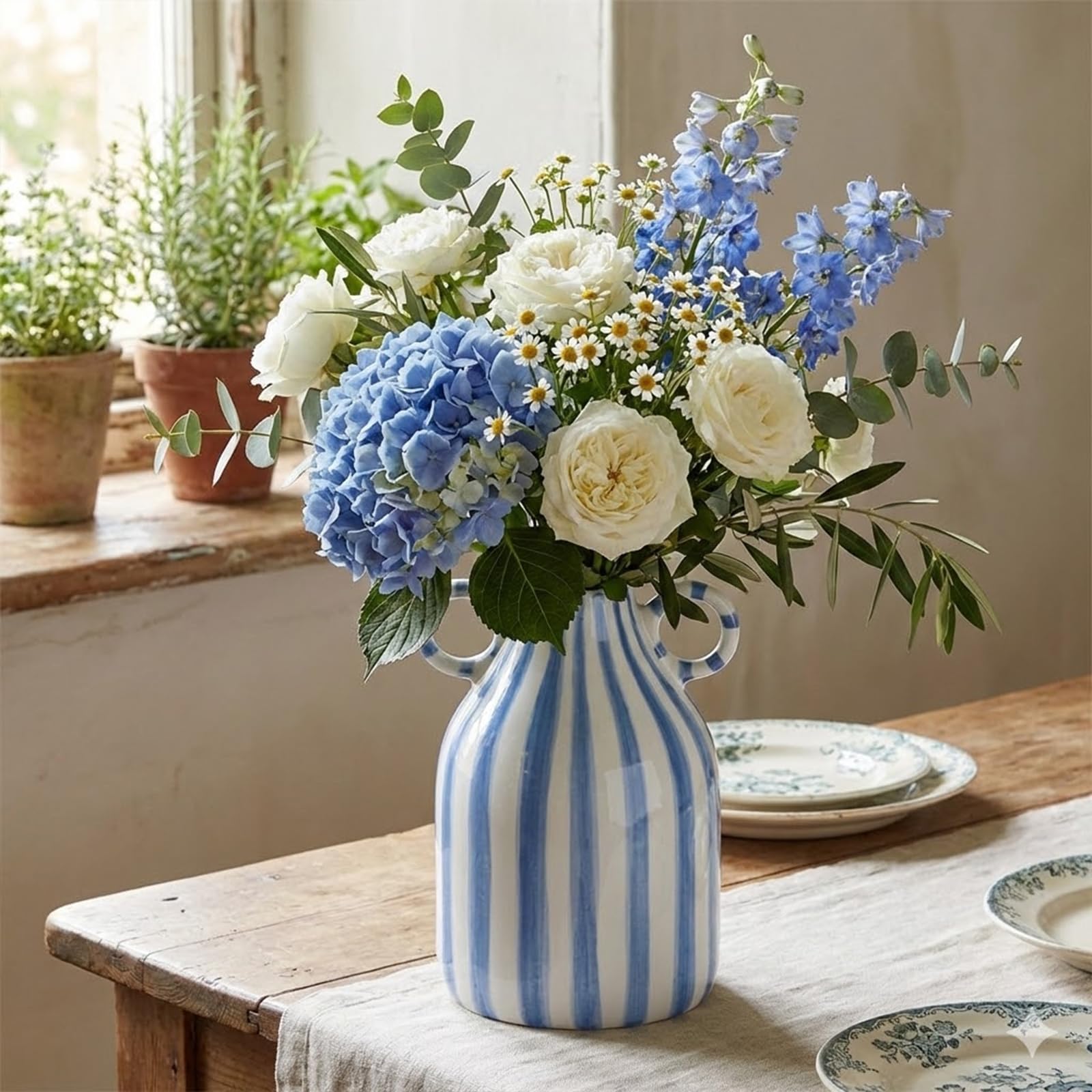 Compact vase suitable for bathroom counters or nightstands.