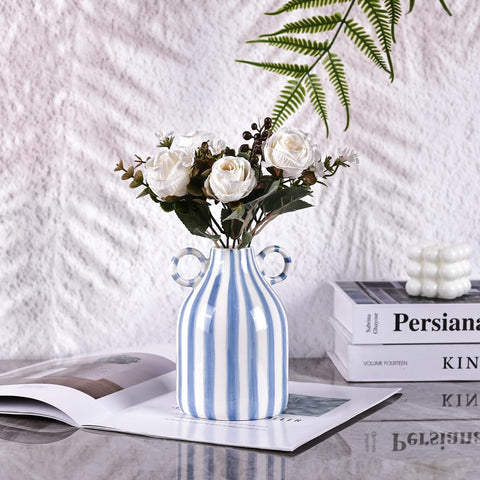 Blue and white vase with wide mouth for pampas grass arrangements.