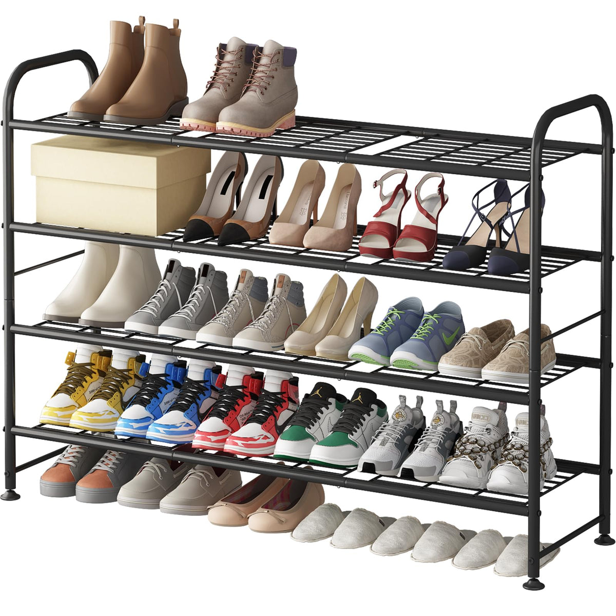 LINZINAR long 4-tier shoe rack in gold and black for ample closet storage.