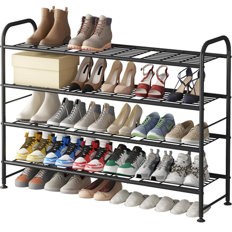 LINZINAR long 4-tier shoe rack in gold and black for ample closet storage.