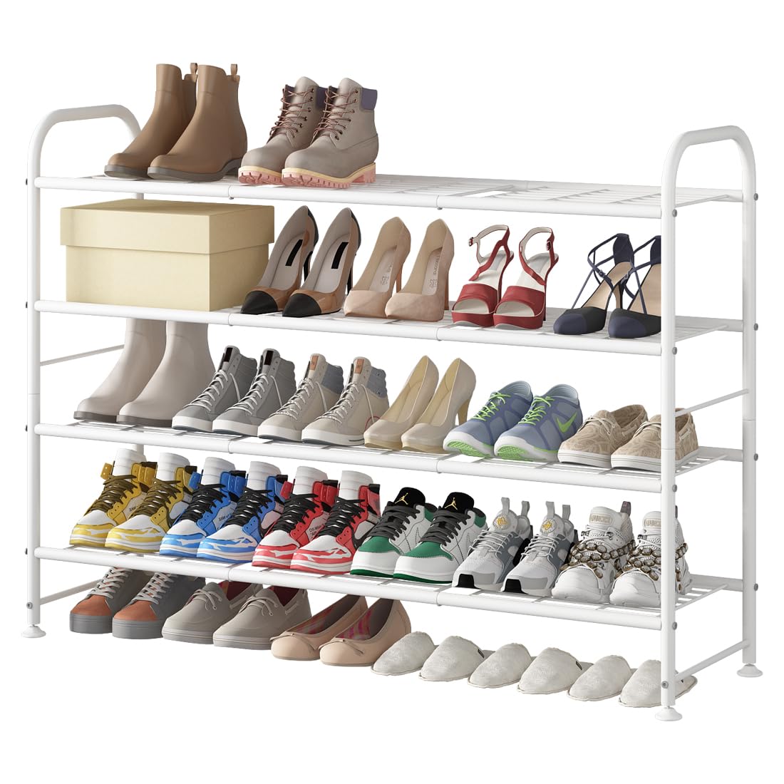 LINZINAR long four-tier shoe rack being assembled for easy setup.