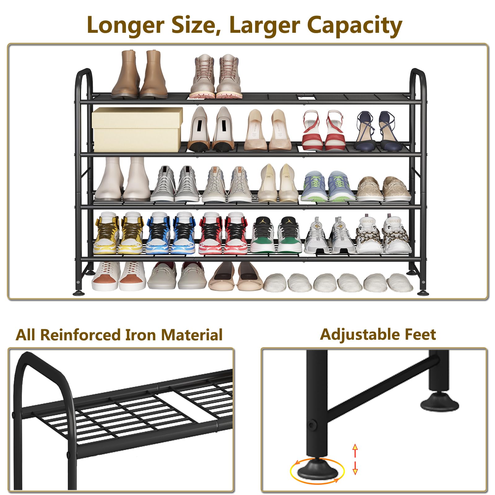 LINZINAR raised base creates extra under shelf storage for shoes.