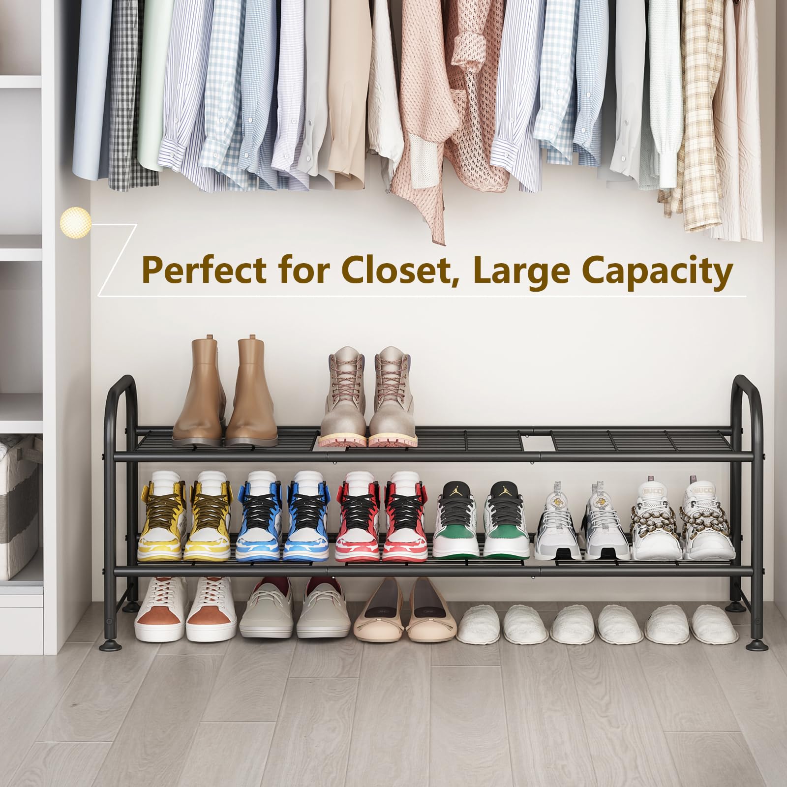LINZINAR 2-tier shoe rack base space showing extra storage beneath shelves