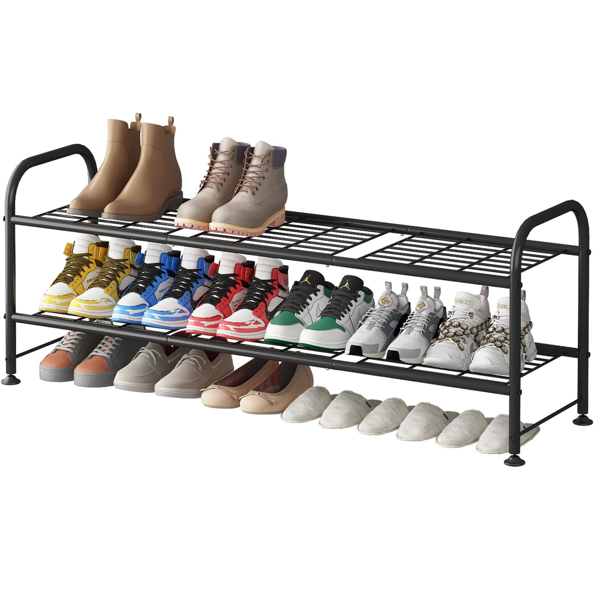 LINZINAR 2-tier shoe rack front view showing ample storage for family footwear