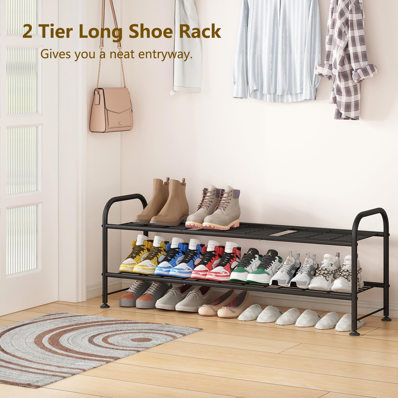 LINZINAR 2-tier shoe rack side view highlighting slim profile for compact spaces