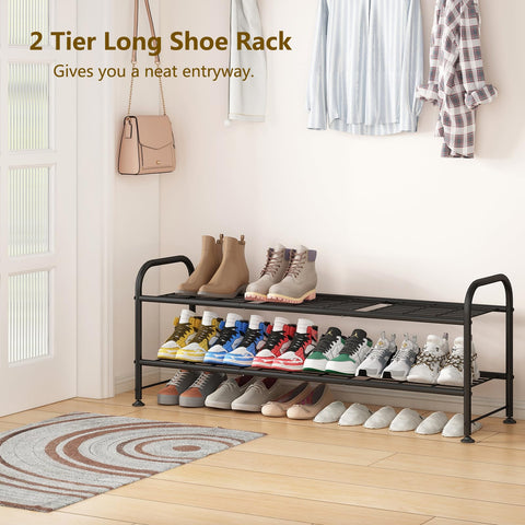 LINZINAR 2-tier shoe rack side view highlighting slim profile for compact spaces