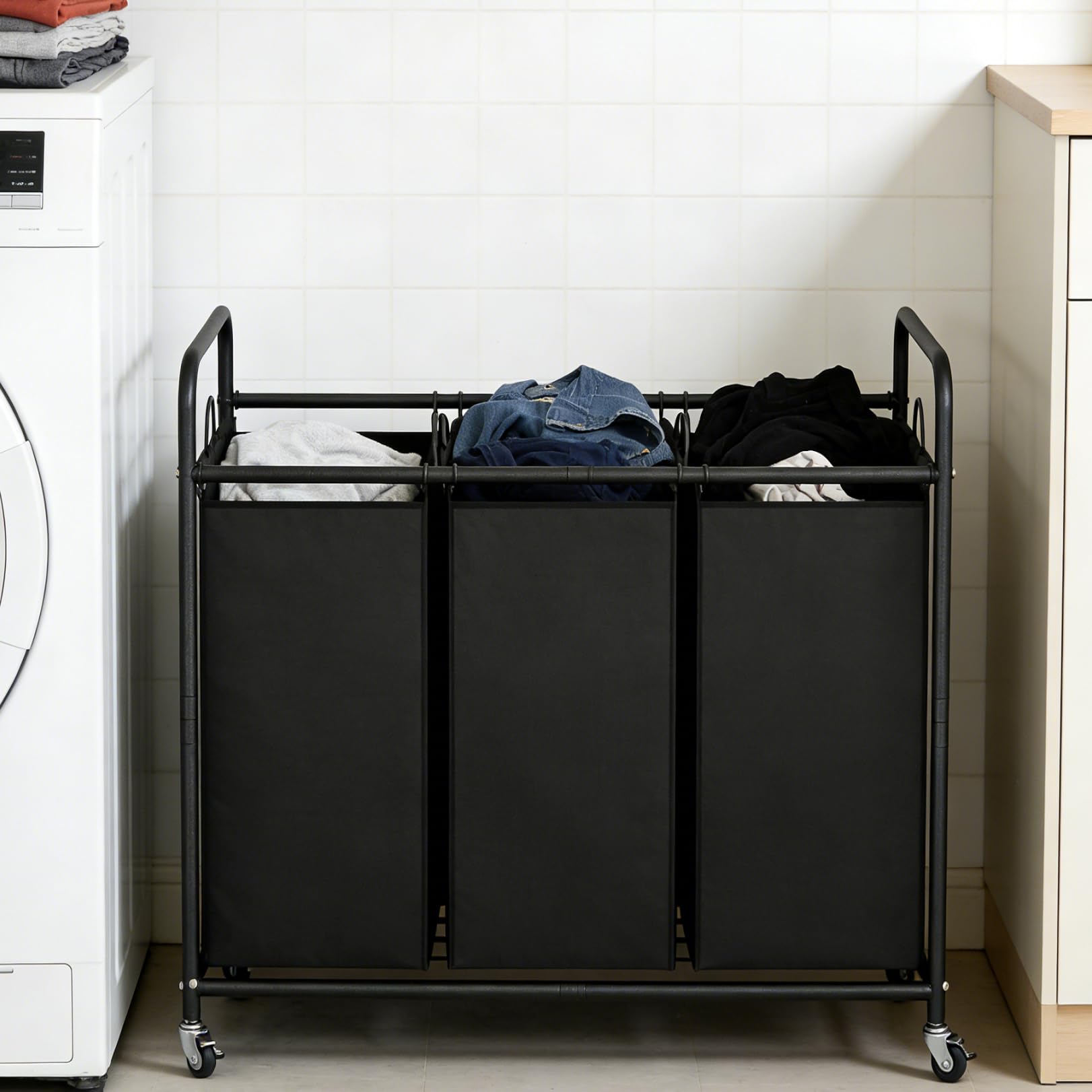 LINZINAR laundry sorter cart with large capacity keeps laundry organized.