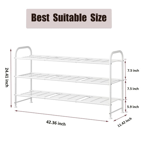 LINZINAR long shoe rack with adjustable feet steadies on uneven floors.