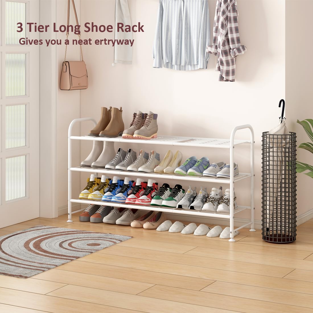 LINZINAR 3-tier shoe rack long 3-tier, side view demonstrates length for hallway organization.