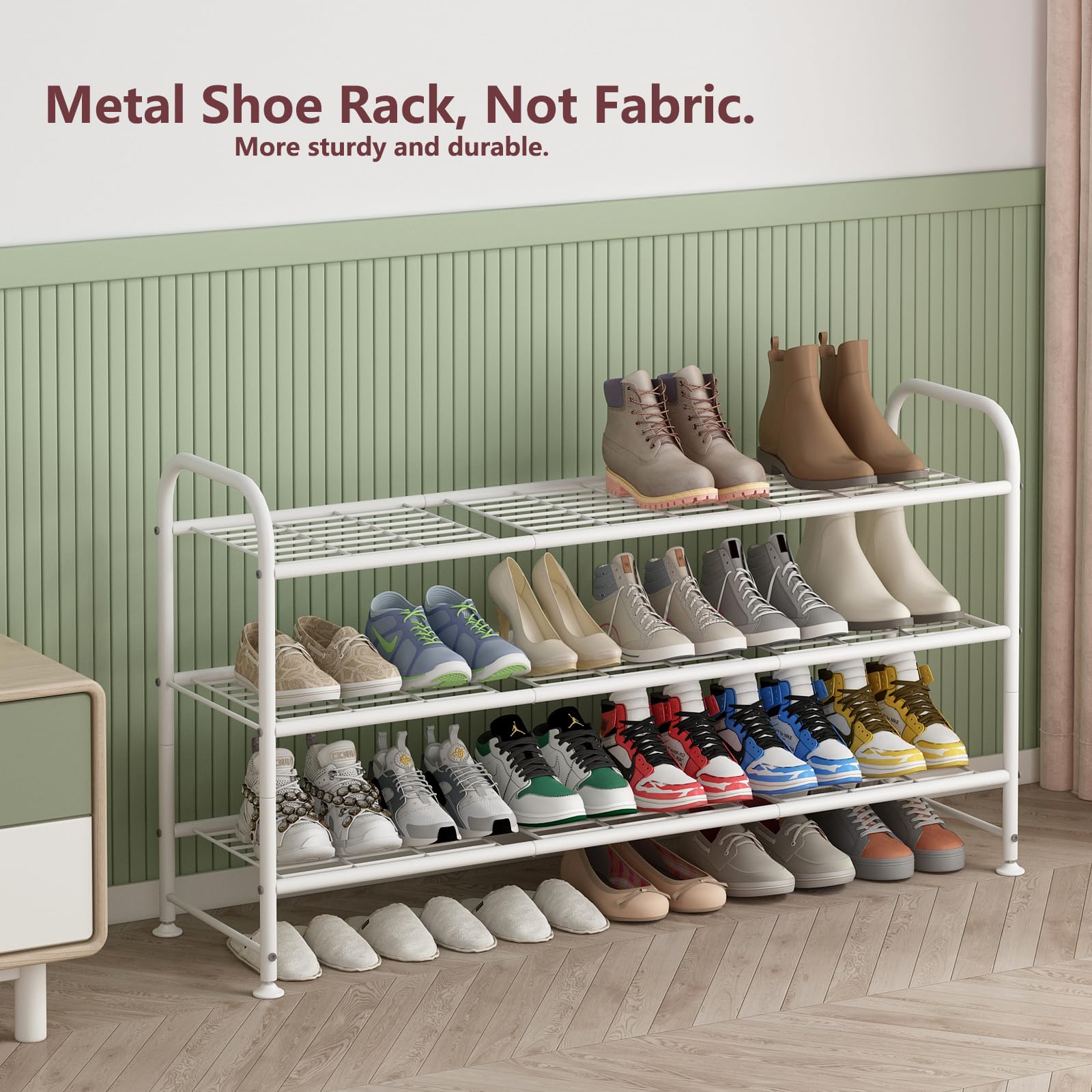 LINZINAR shoe rack in a neat entryway with shoes ready.