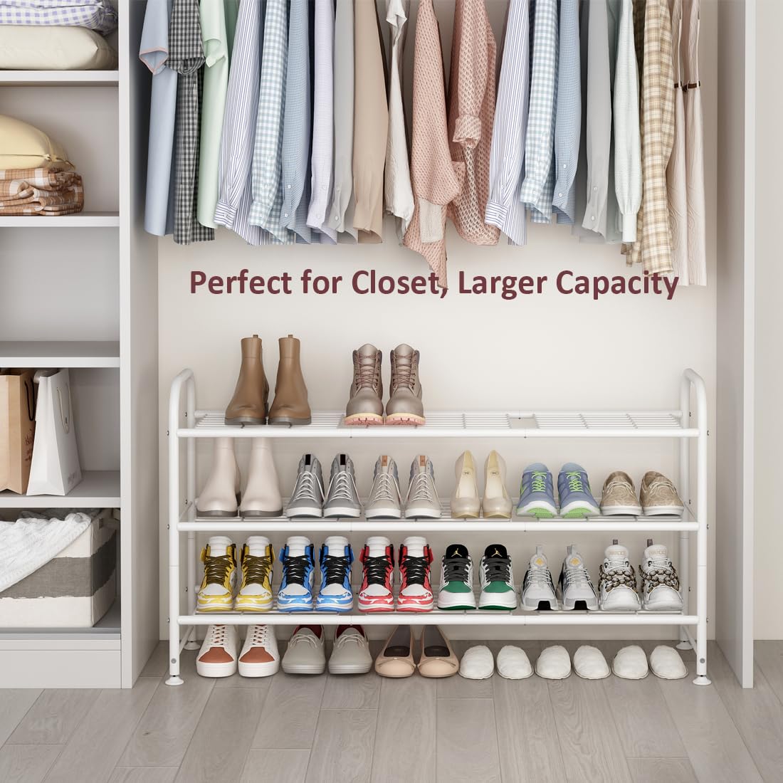 LINZINAR 3-tier rack with raised bottom, extra space for extra footwear storage.