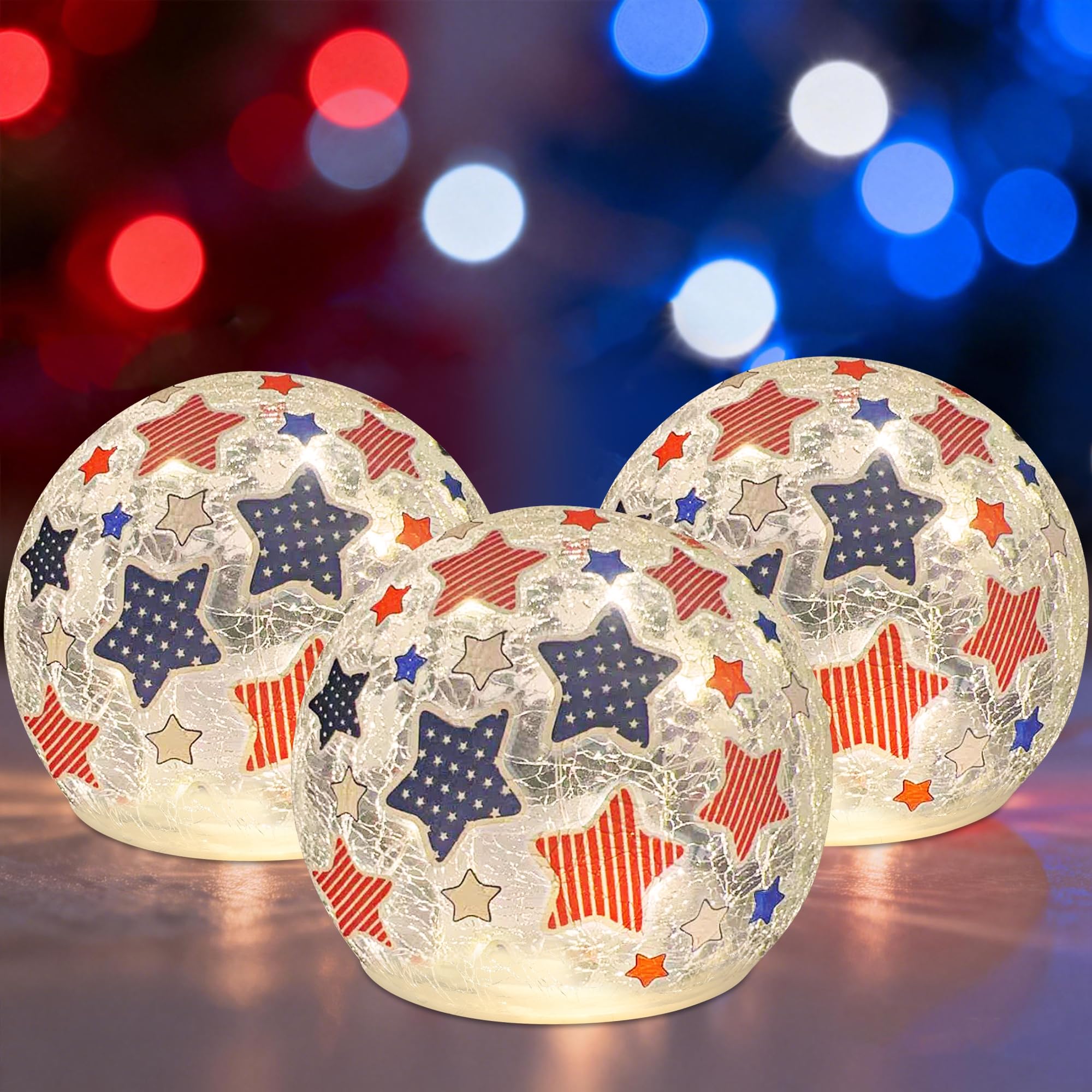 Liooty Independence Day cracked glass ball desktop light with warm glow.