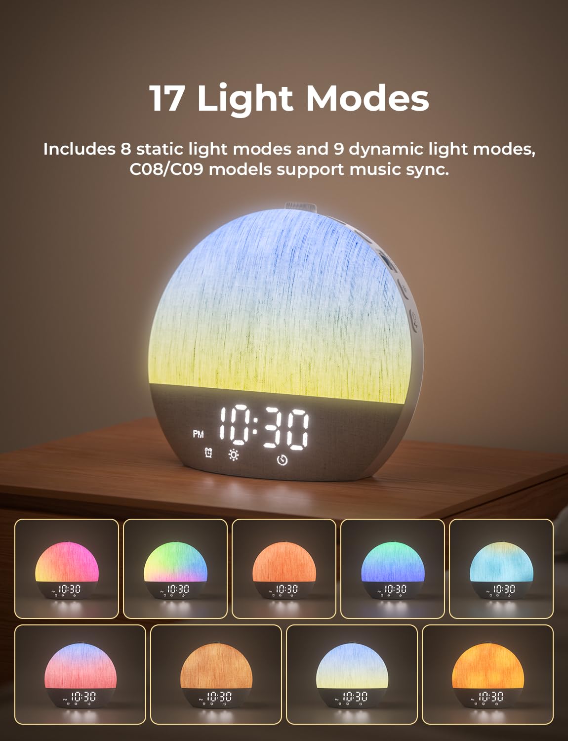LIORQUE Sunrise Alarm Clock 30 sounds for soothing sleep options.