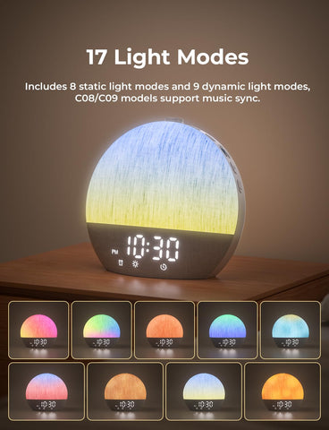 LIORQUE Sunrise Alarm Clock 30 sounds for soothing sleep options.