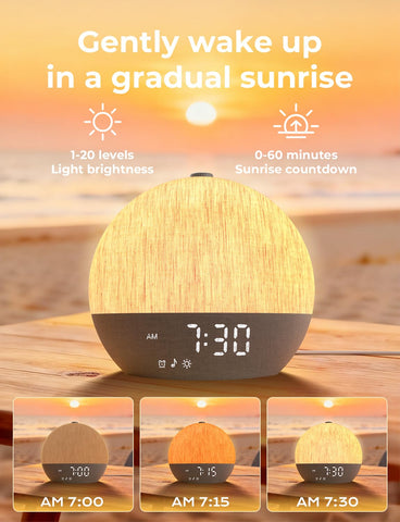 LIORQUE Sunrise Alarm Clock fabric-wrapped body provides gentle, non-glare display.