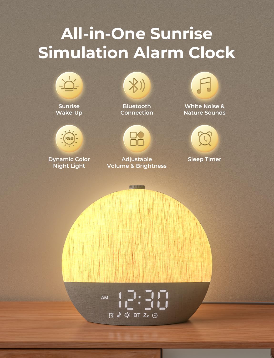 LIORQUE Sunrise Alarm Clock side view showing compact bedside design.
