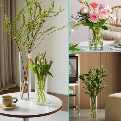 Liotww crystal-clear plastic vase closeup emphasizes transparent shine.