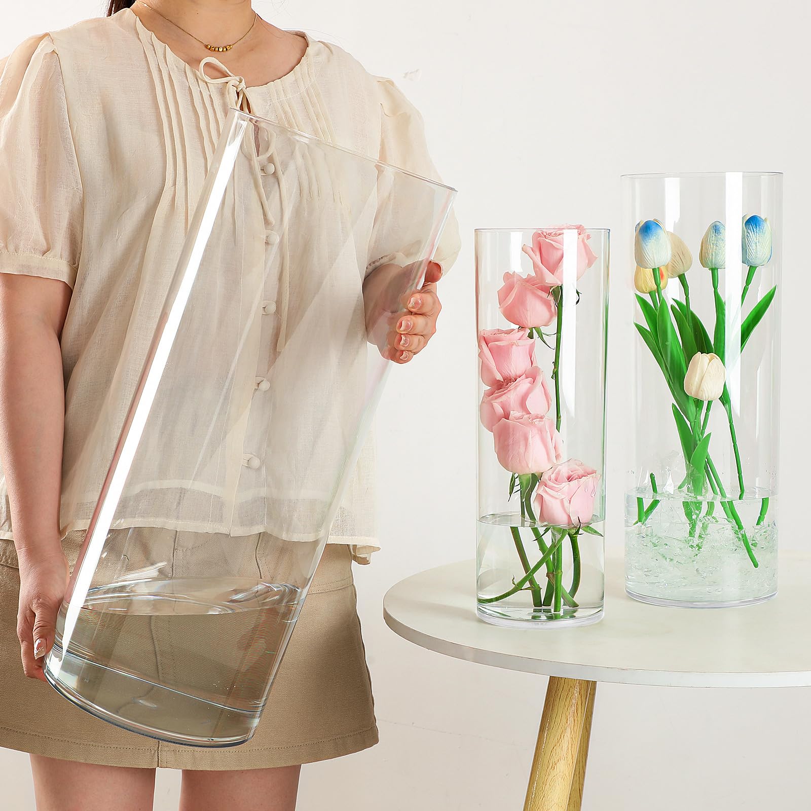 Liotww extra large clear vase floor display, tall unbreakable cylinder ideal for grand floral arrangements.