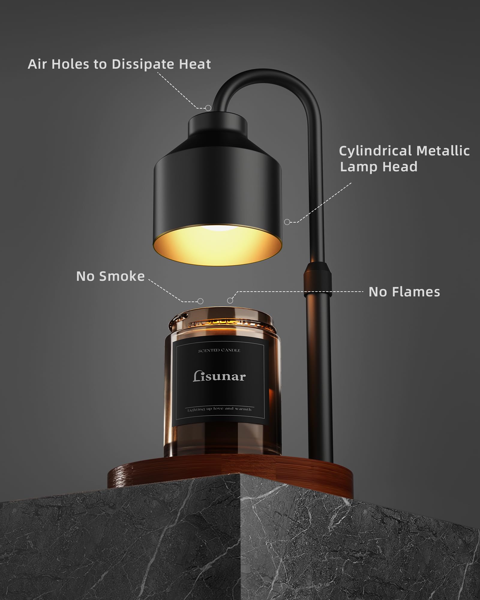 LISUNAR candle warmer lamp black shade close-up with smooth dimming for personalized ambience.