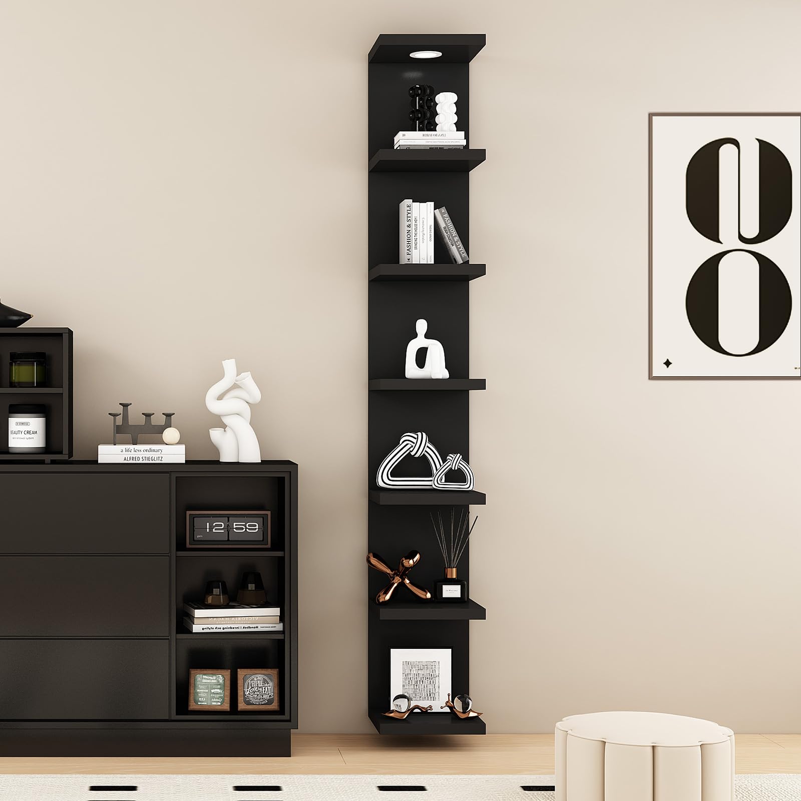 LitaEther bedroom decor using shelves for decorative storage.
