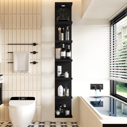 LitaEther floating display shelves show a smooth matte black faux wood finish.