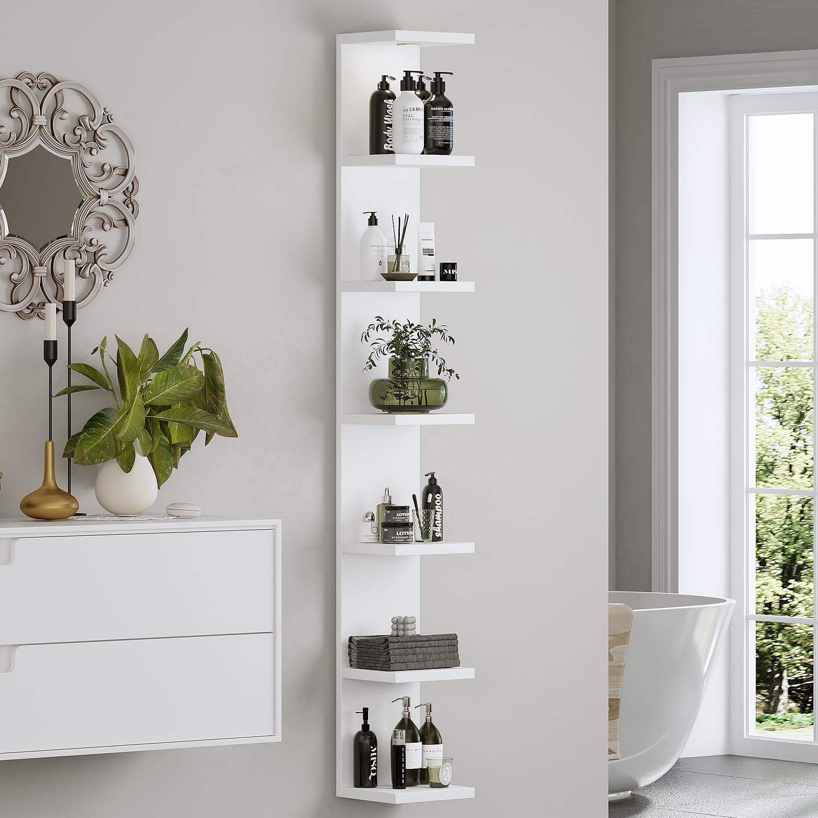LitaEther vanity-ready display shelf paired with mirror setup