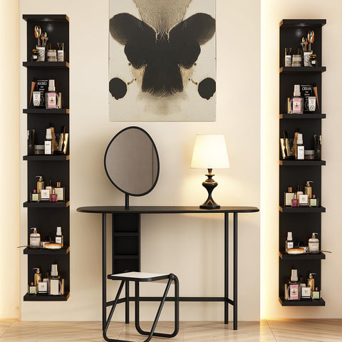 LitaEther vanity arrangement with shelves for organized makeup and accessories.