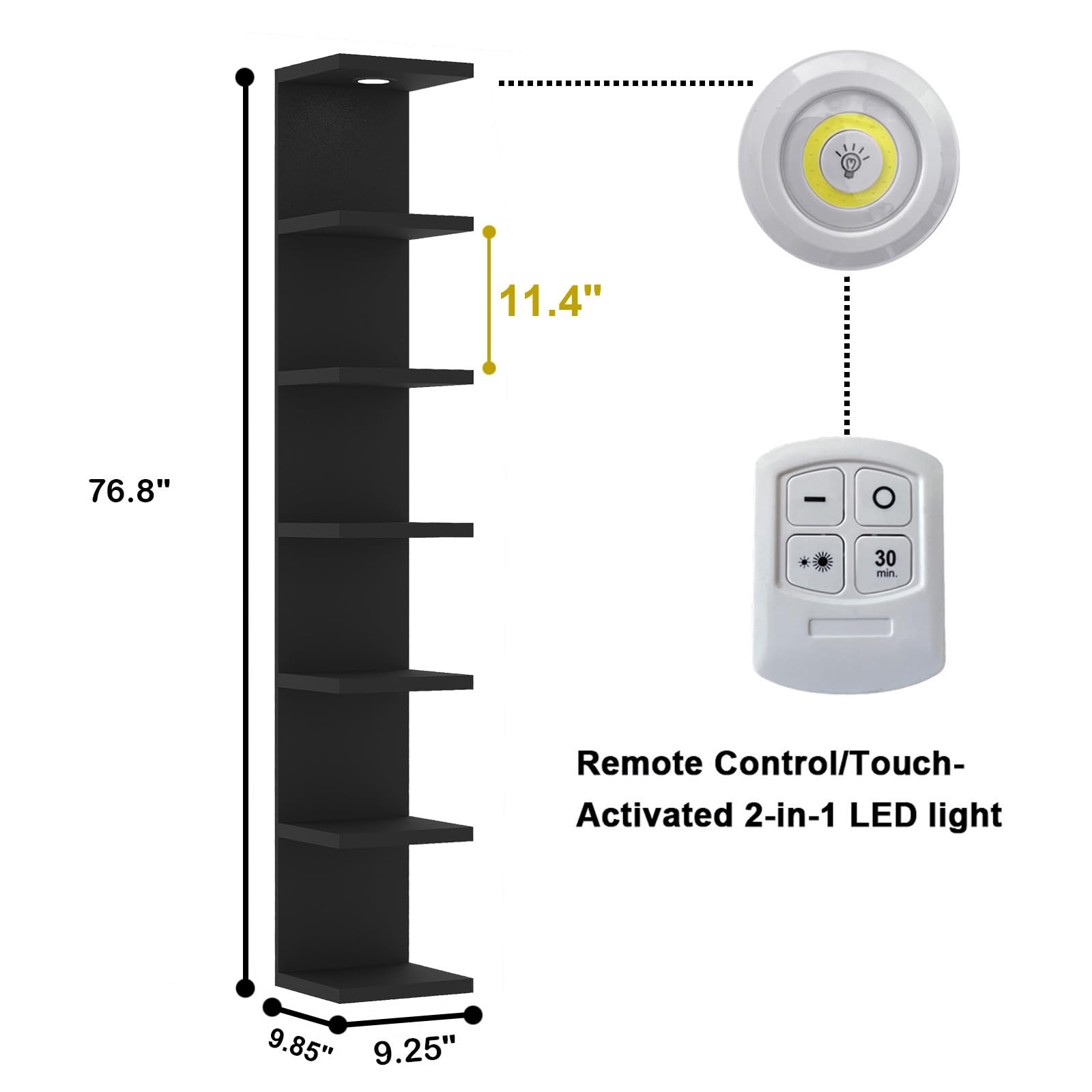 LitaEther LED light on the shelf adds ambient illumination for showcased decor.