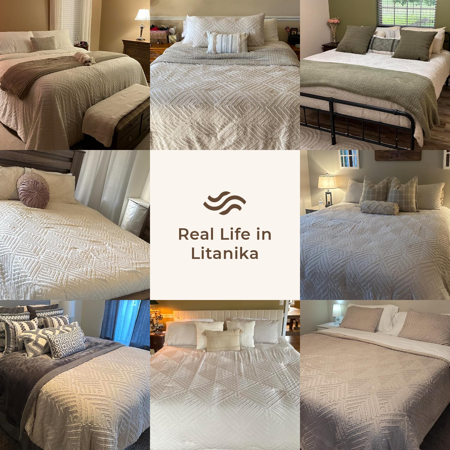 Litanika beige bedding in a modern bedroom setup.