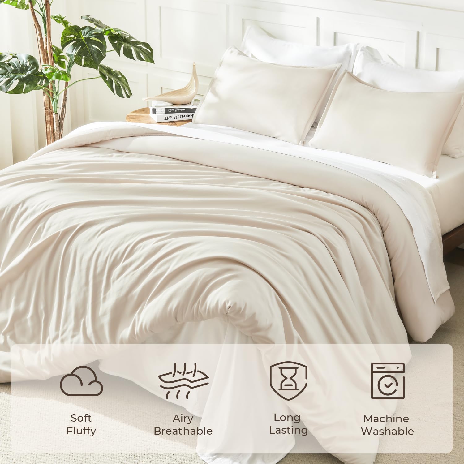 Litanika beige comforter set in a bedroom scene with versatile styling and calm ambience.