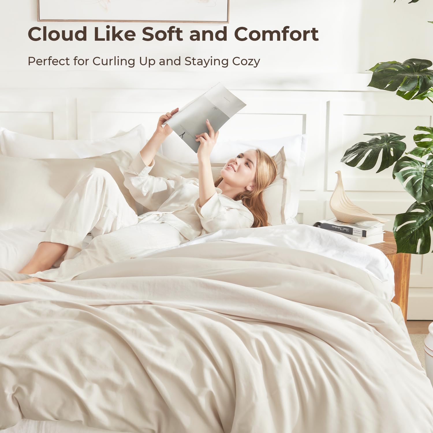 Litanika beige comforter set folded close-up shows plush texture and softness.