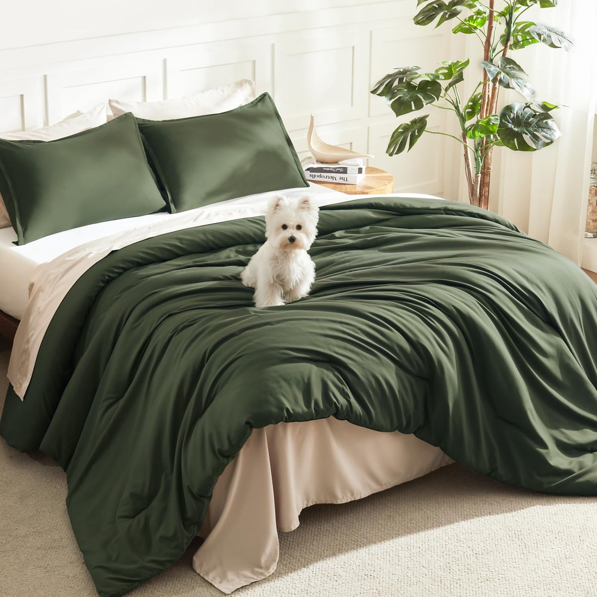 Litanika dark olive green king comforter on a neatly made bed showing all-season warmth.