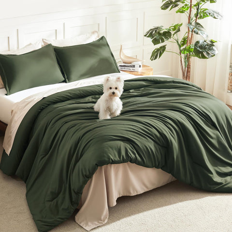 Litanika dark olive green king comforter on a neatly made bed showing all-season warmth.