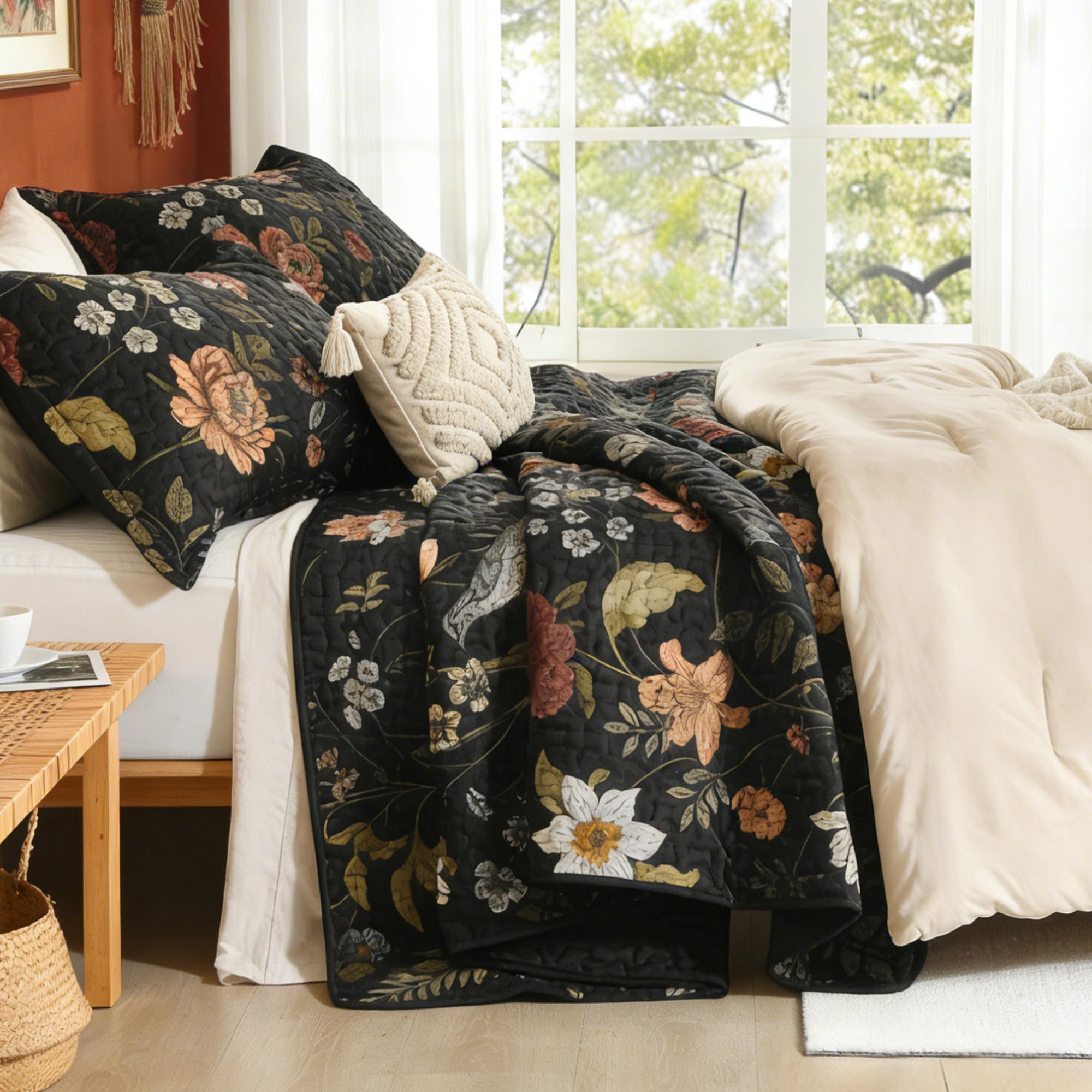 Litanika Floral Black Quilt close-up highlights colorful birds and blossoms.
