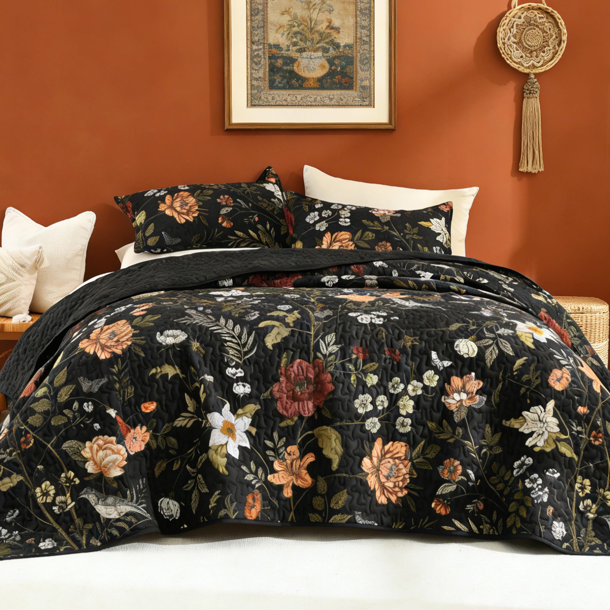 Litanika Floral Black Quilt front view shows bold blooms for a luxurious look.