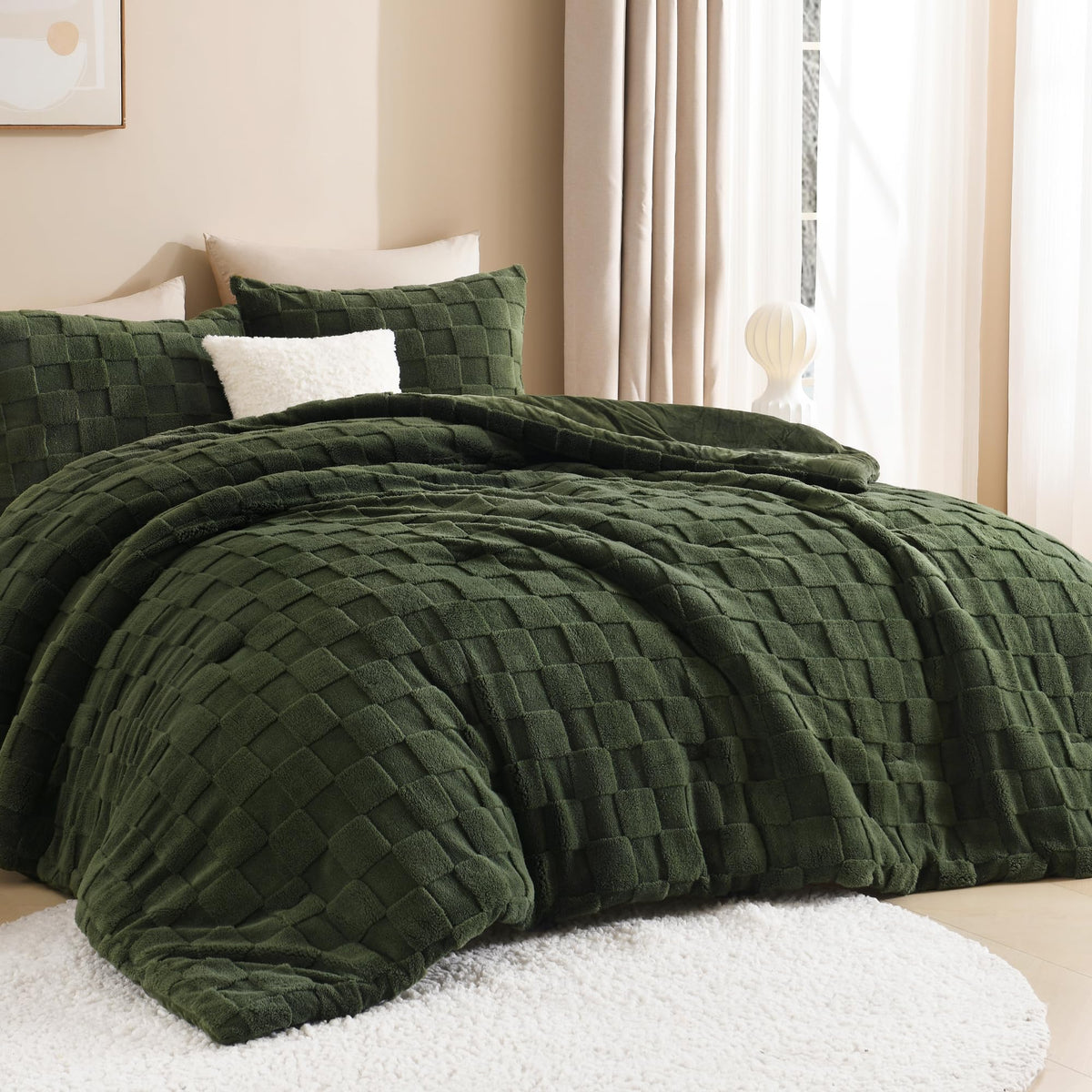 Litanika fluffy queen comforter olive green front view for chilly nights